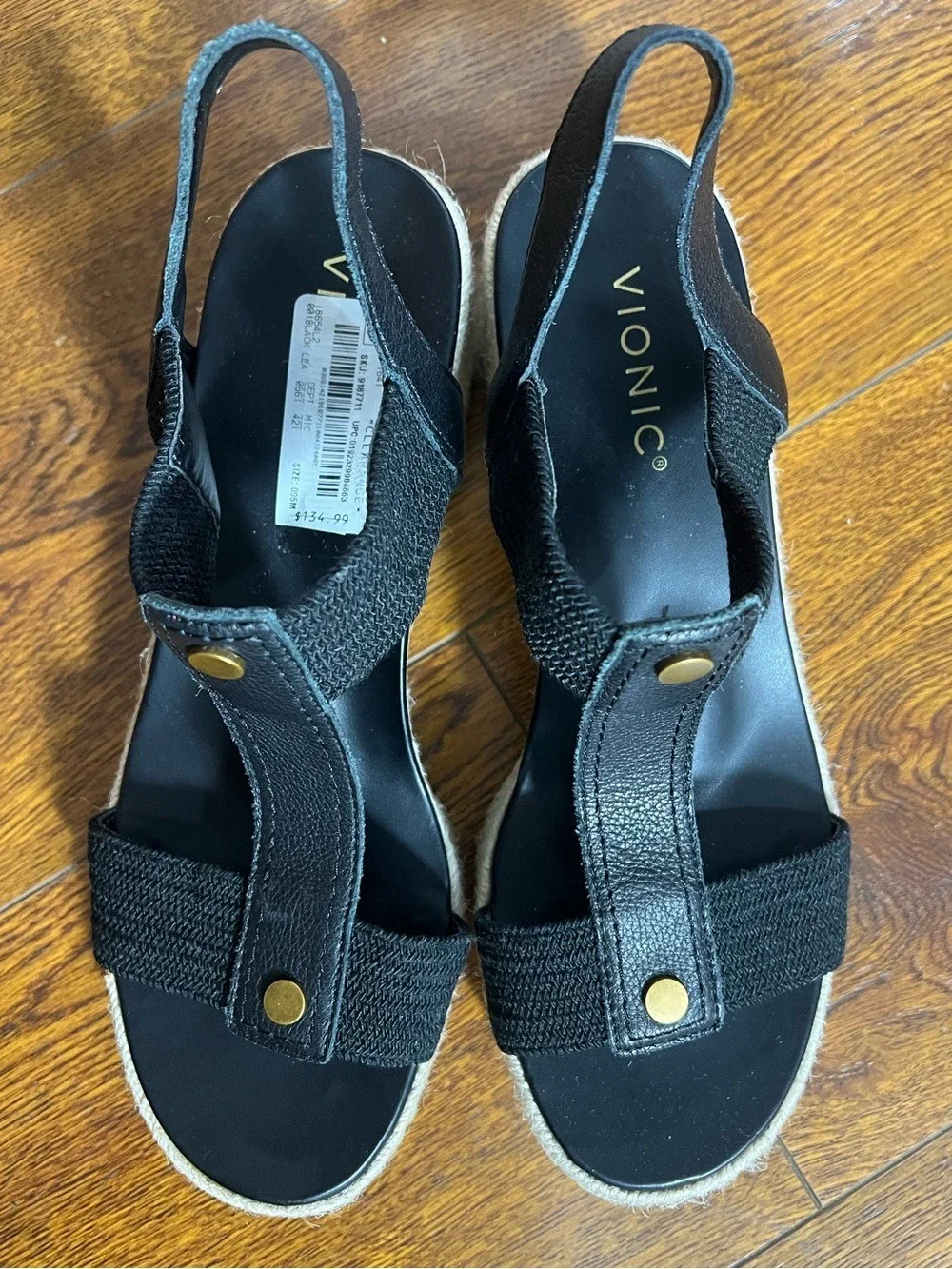NWOB $135 Vionic Calera Black Leather Espadrille Wedge Sandals 9.5